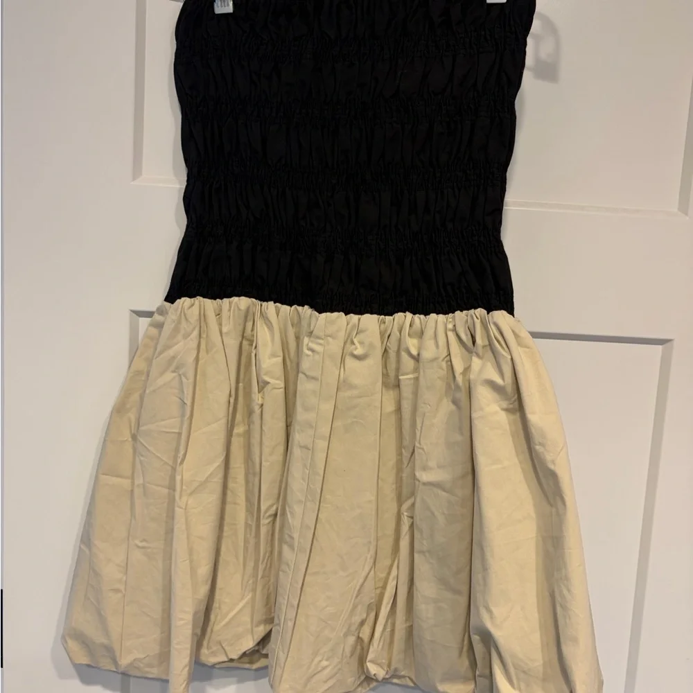 DISSH Black Smocked Strapless Mini Dress with Cream Skirt